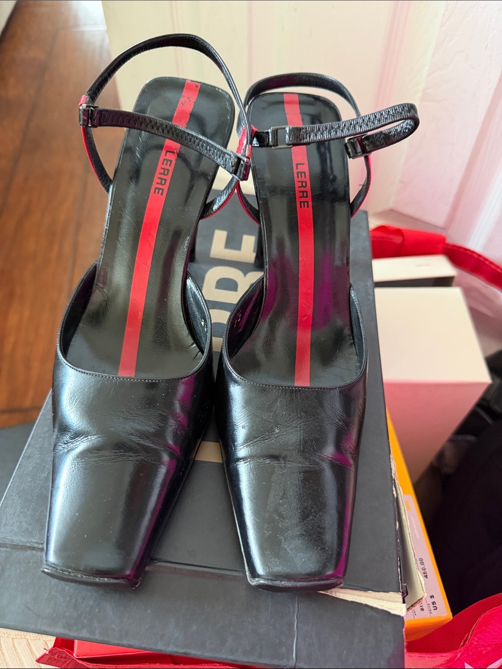 Black Leather Lerre Square-Toe Ankle Strap Heels